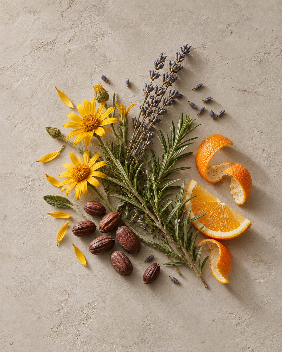Arnikablüten, Jojobasamen, Lavendel, Rosmarin und Orange auf hellem Stein