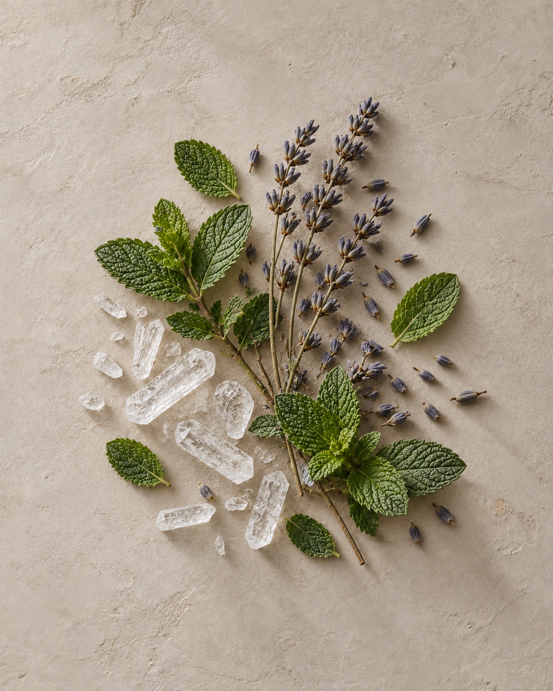 Minze, Lavendel und Mentholkristalle auf hellem Stein