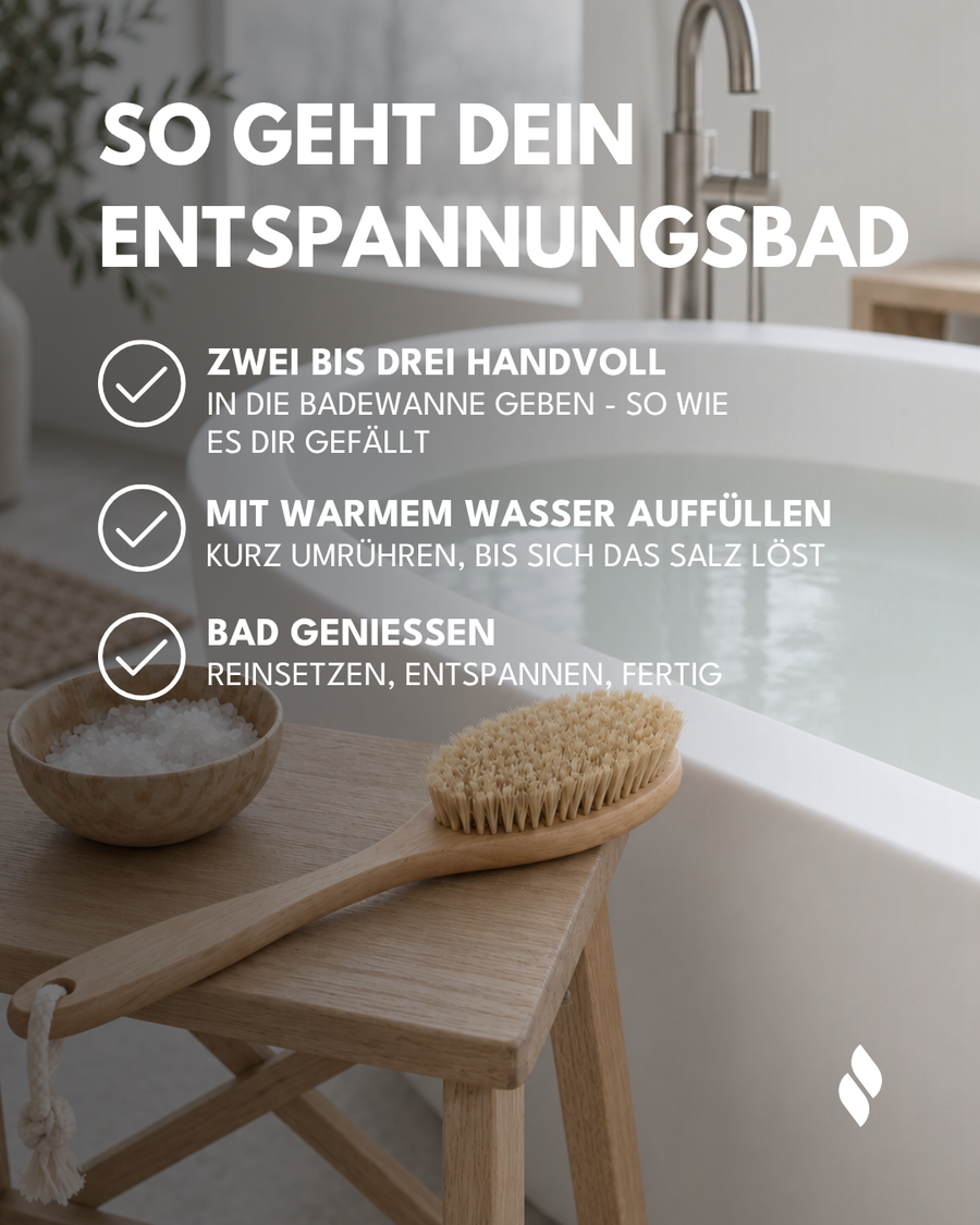 So geht dein Entspannungsbad: zwei bis drei Handvoll in die Wanne, mit warmem Wasser auffüllen, genießen