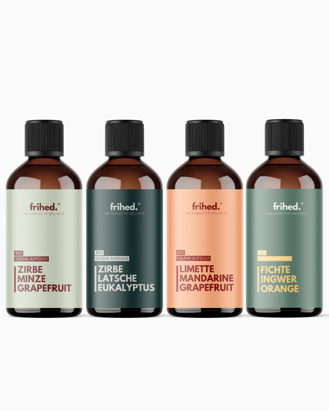 Bio Sauna Aufgüsse 4er Set: vier 100-ml-Braunglasflaschen