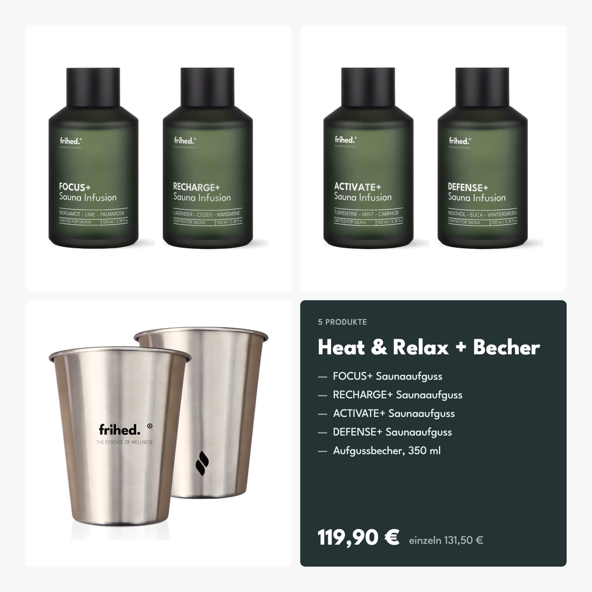 Heat & Relax saunaduft sæt med gusbæger: FOCUS+, RECHARGE+, ACTIVATE+, DEFENSE+ og bæger