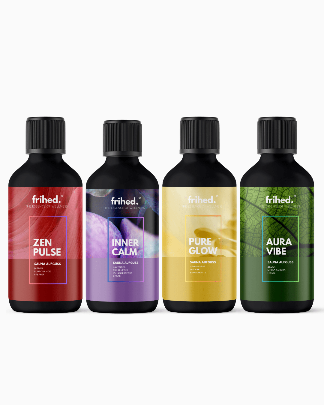 Premium Sauna Aufgüsse 4er Set: vier 100-ml-Schwarzglasflaschen