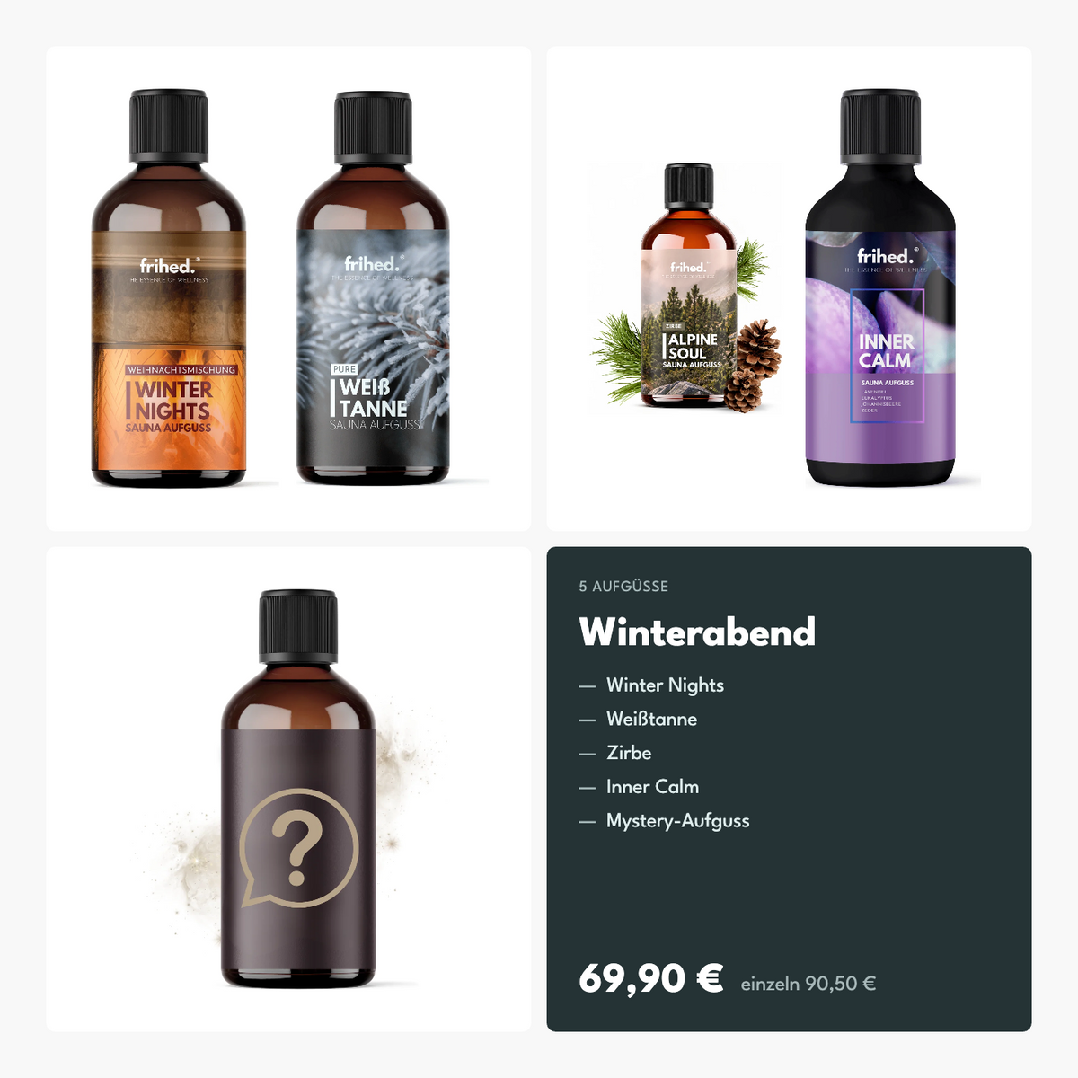 Aufguss Set Winterabend: Winter Nights, Weißtanne, Zirbe, Inner Calm und Mystery-Aufguss