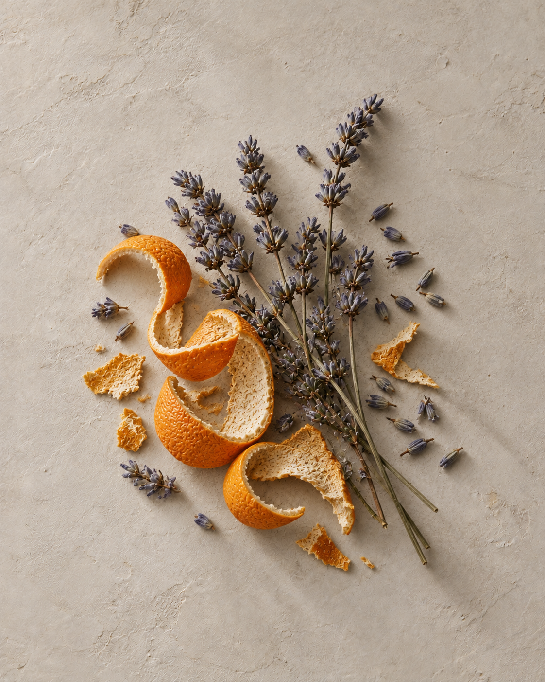 Getrockneter Lavendel und Orangenschale auf hellem Stein