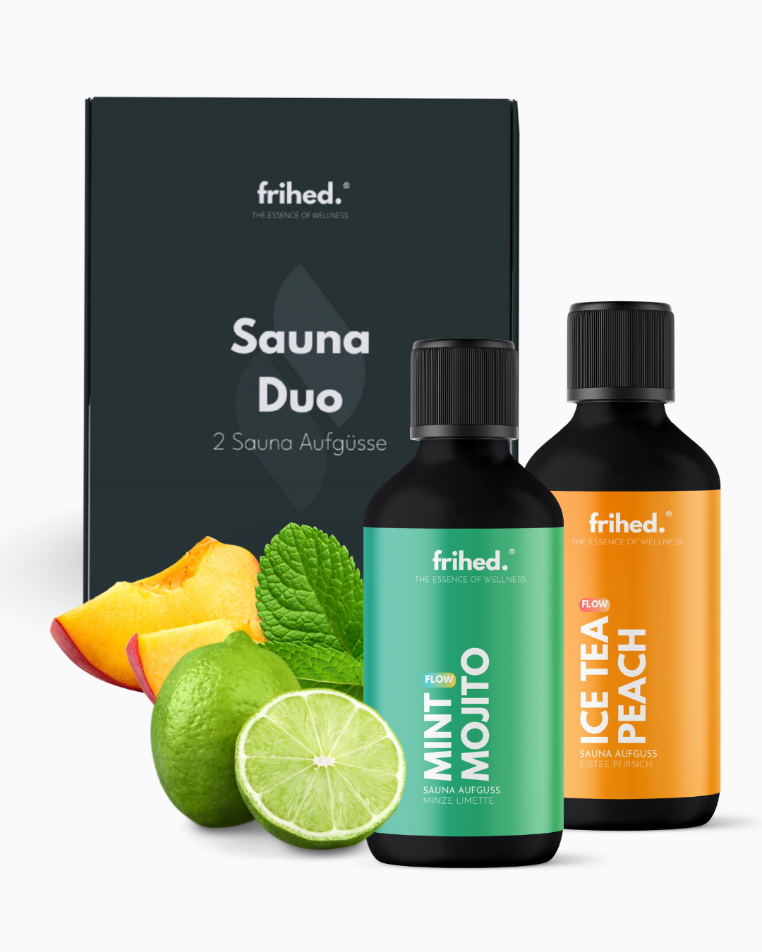 Saunaaufguss Duo Party: Mint Mojito und Ice Tea Peach in zwei 100-ml-Flaschen