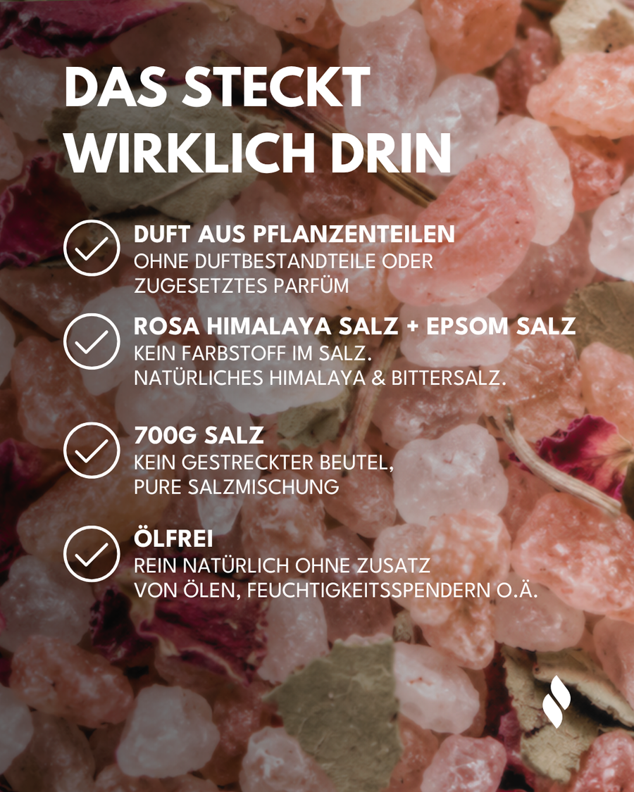 Das steckt wirklich drin: Duft aus Pflanzenteilen, rosa Himalayasalz und Epsom Salz, 700 g Salz, ölfrei