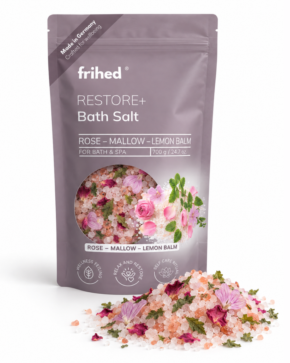 frihed. RESTORE+ Badesalz Rose, Malve und Zitronenmelisse, 700 g Standbeutel mit Salzmischung und Blüten