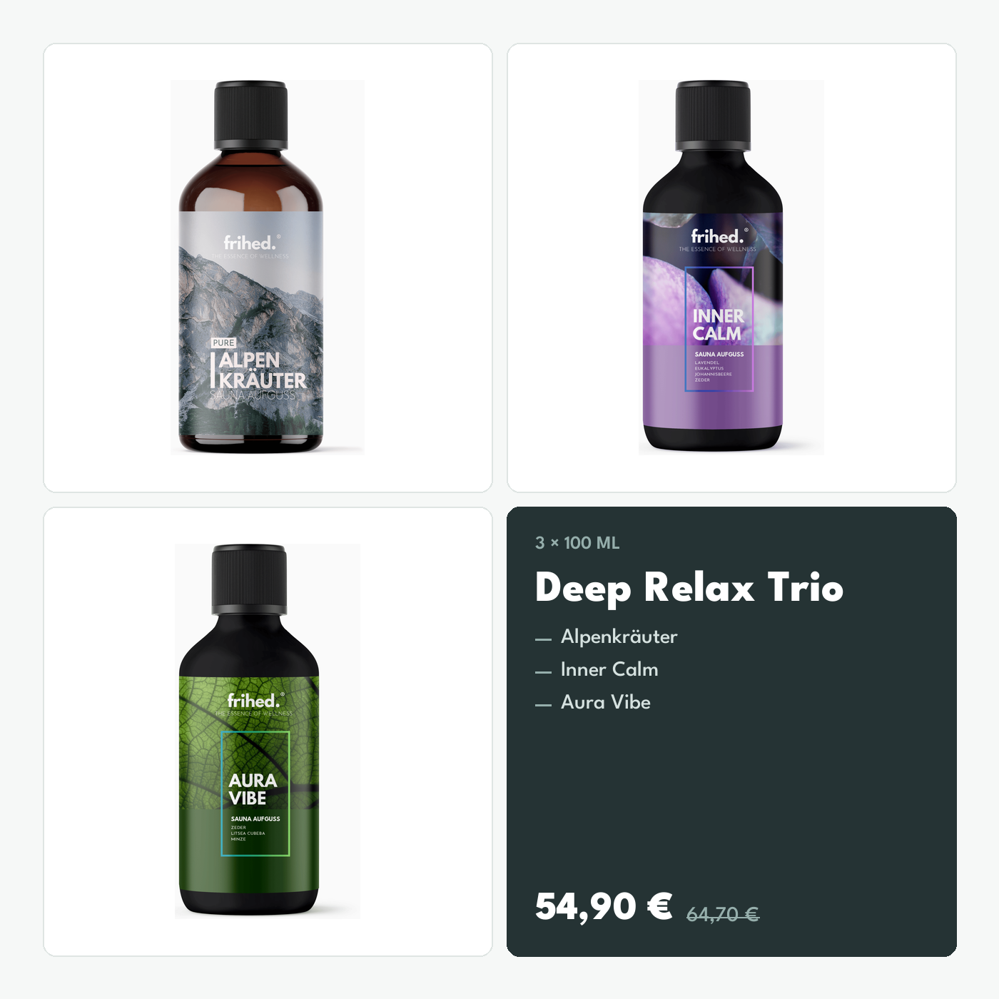 frihed. Deep Relax Trio mit Alpenkräuter, Inner Calm und Aura Vibe, je 100 ml