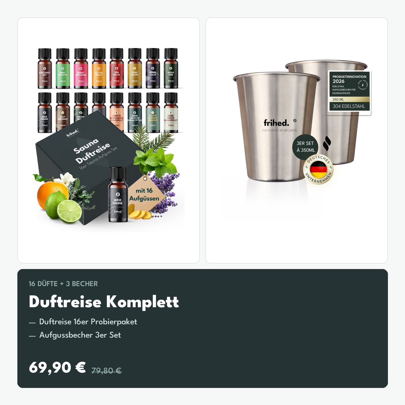 frihed. Duftreise Komplett-Set mit 16 Saunaaufguss-Testern und Aufgussbecher 3er Set