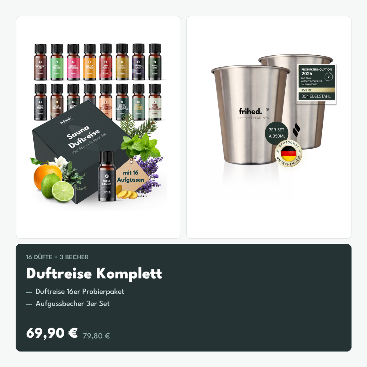 frihed. Duftreise Komplett-Set mit 16 Saunaaufguss-Testern und Aufgussbecher 3er Set