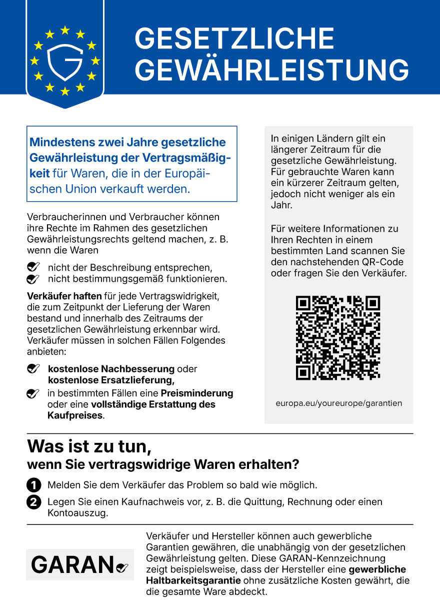 EU-Mitteilung zur gesetzlichen Gewährleistung: mindestens zwei Jahre Gewährleistung für in der EU verkaufte Waren, Rechte bei Vertragswidrigkeit und was zu tun ist, mit QR-Code zu weiteren Informationen.