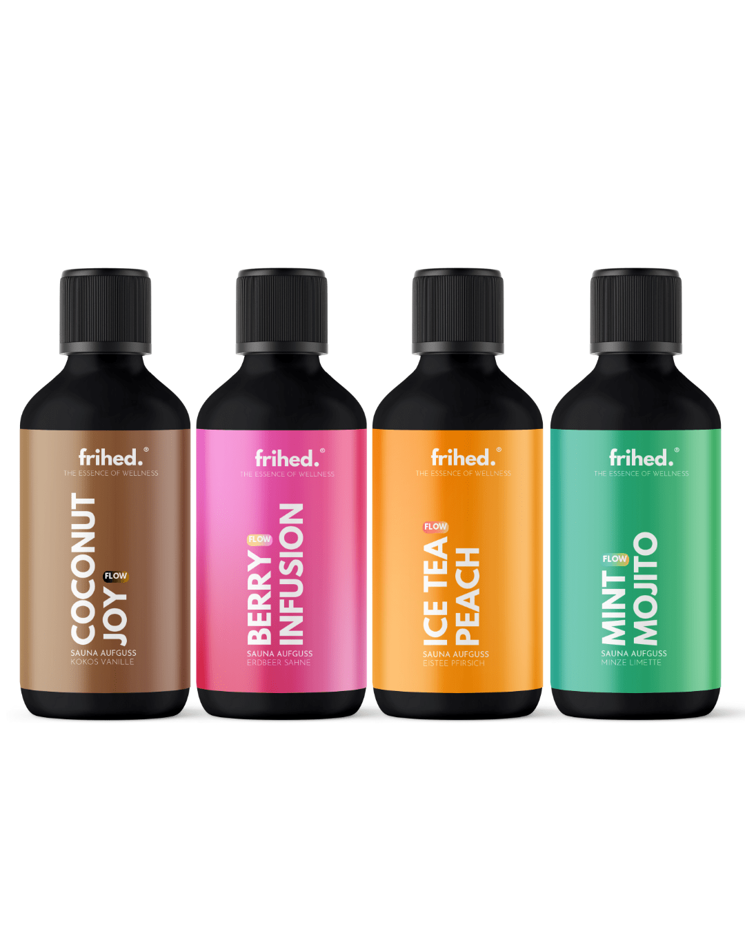 Flow Sauna Aufgüsse 4er Set: vier 100-ml-Schwarzglasflaschen