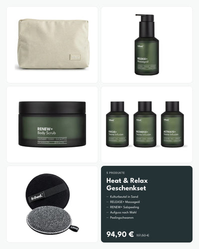 Heat & Relax Geschenkset: Kulturbeutel, RELEASE+ Massageöl, RENEW+ Salzpeeling, Aufguss nach Wahl und Peelingschwamm für 94,90 €