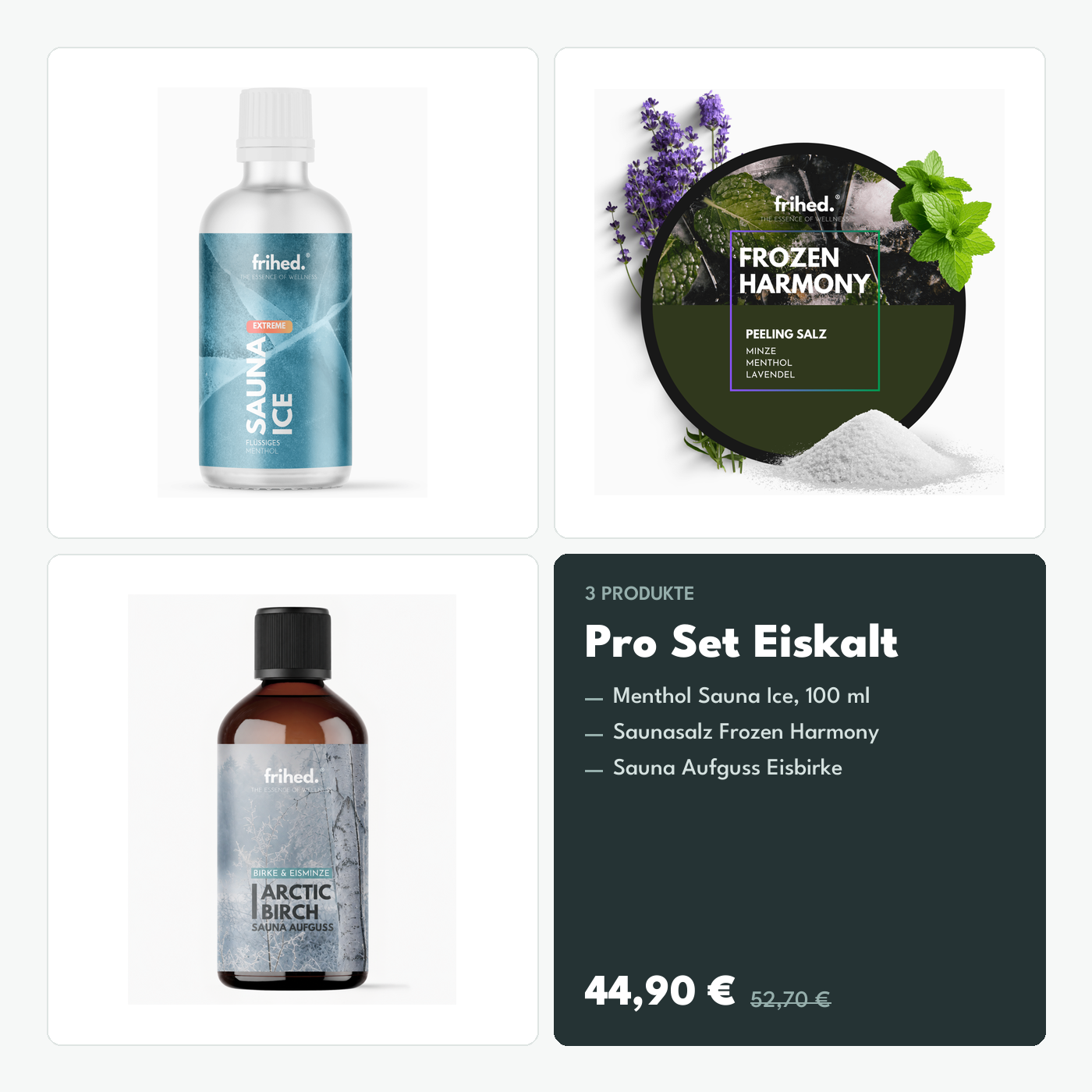 frihed. Pro Set Eiskalt mit Menthol Sauna Ice, Saunasalz Frozen Harmony und Sauna Aufguss Eisbirke