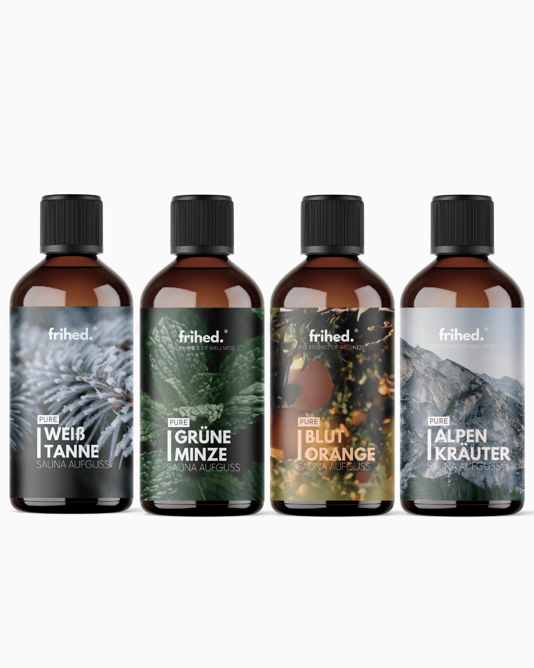 Pure Sauna Aufgüsse 4er Set: vier 100-ml-Braunglasflaschen
