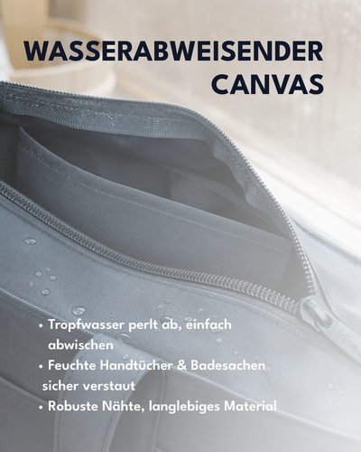 Wasserabweisender Canvas: Tropfwasser perlt ab, feuchte Badesachen sicher verstaut, robuste Nähte