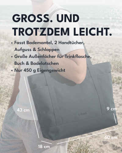 Groß und trotzdem leicht: Saunatasche 43 x 60 x 18 cm, fasst Bademantel, zwei Handtücher, Aufguss und Schlappen, nur 450 g