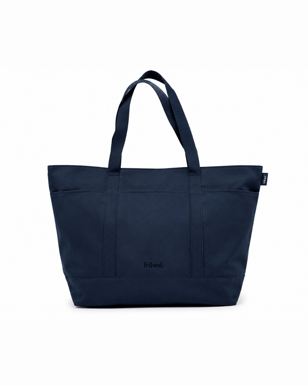 frihed. Saunatasche Single Bag in Navy, Vorderansicht mit langen Henkeln und zwei Außentaschen