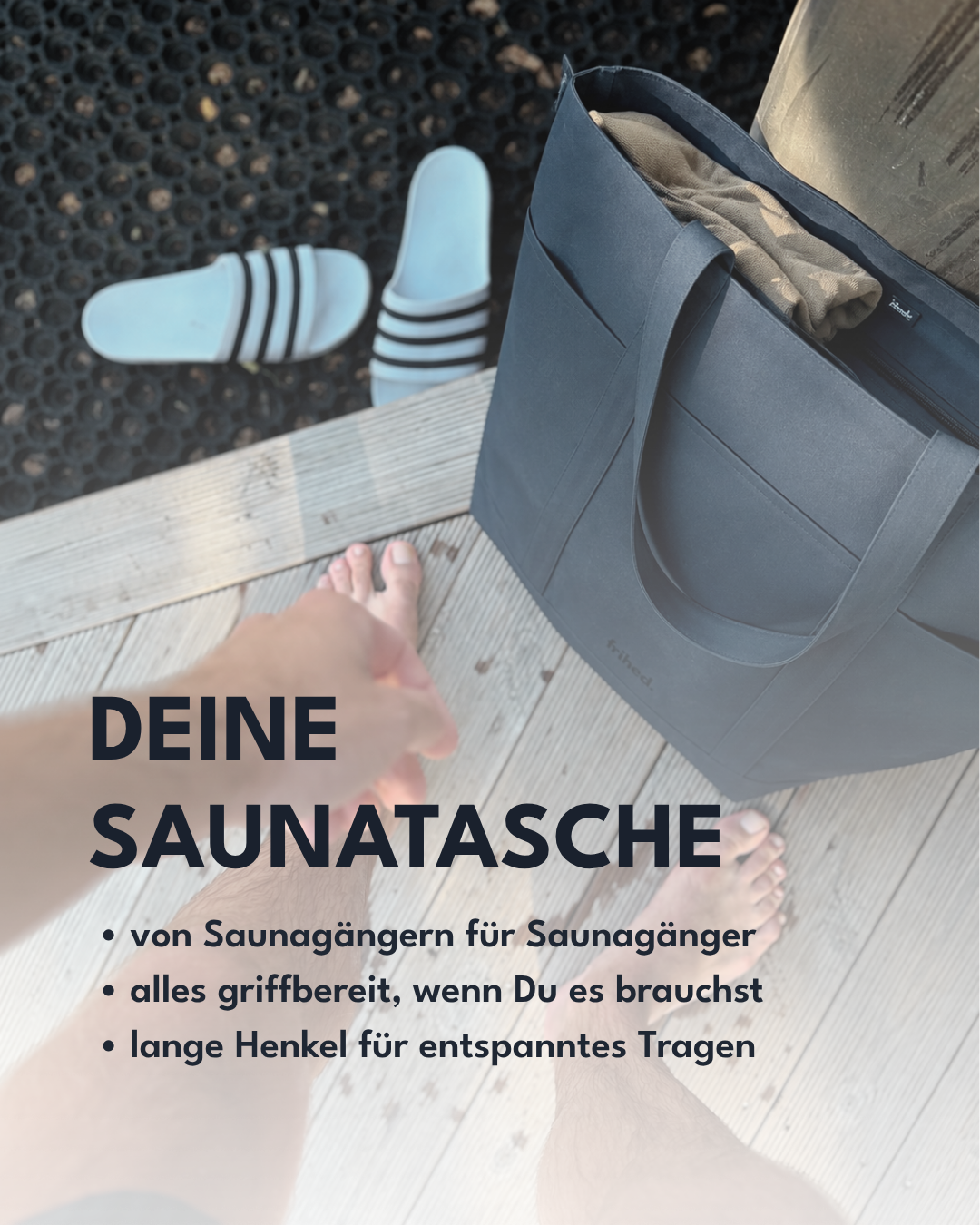 Deine Saunatasche vor der Sauna, von Saunagängern für Saunagänger entwickelt