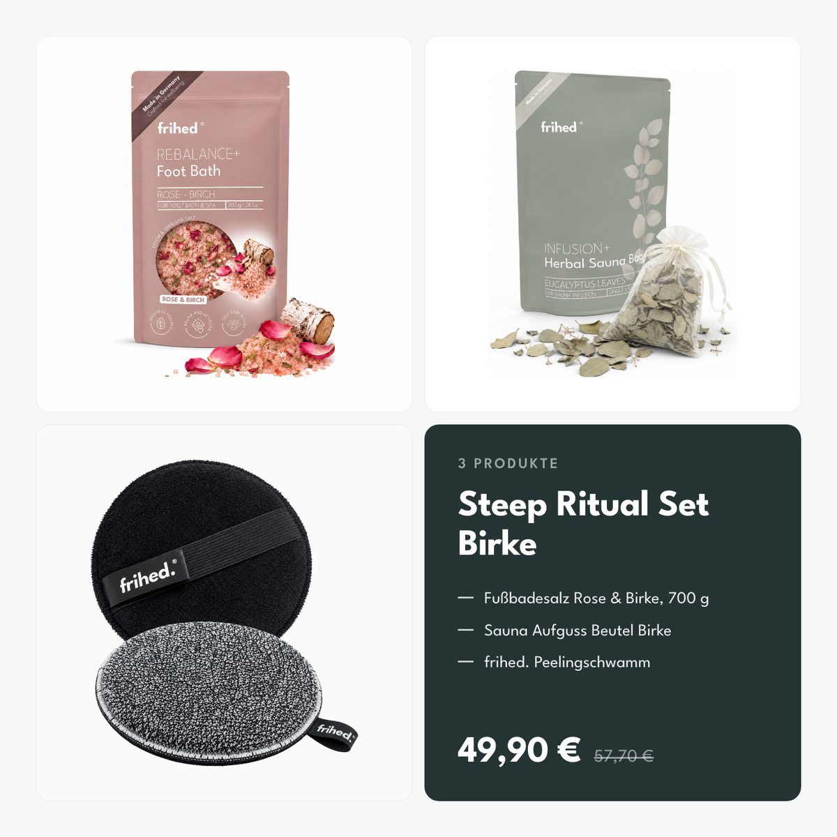 frihed. Steep Ritual Set Birke: Fußbadesalz Rose & Birke 700 g, Sauna Aufguss Beutel Birke und Peelingschwamm, 49,90 statt 57,70 Euro