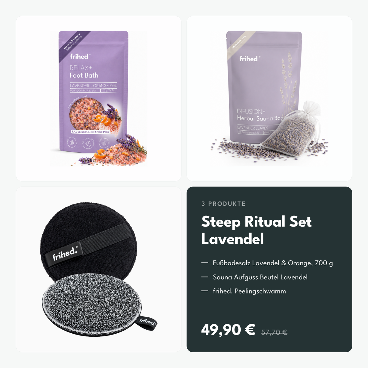 frihed. Steep Ritual Set Lavendel: Fußbadesalz Lavendel & Orange 700 g, Sauna Aufguss Beutel Lavendel und Peelingschwamm, 49,90 statt 57,70 Euro