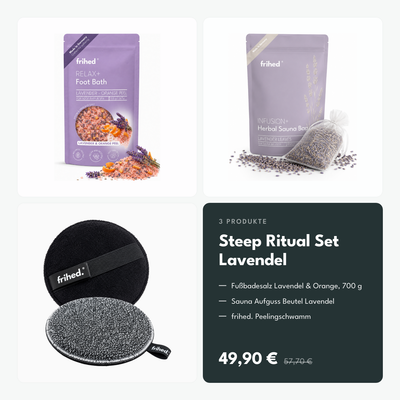 frihed. Steep Ritual Set Lavendel: Fußbadesalz Lavendel & Orange 700 g, Sauna Aufguss Beutel Lavendel und Peelingschwamm, 49,90 statt 57,70 Euro