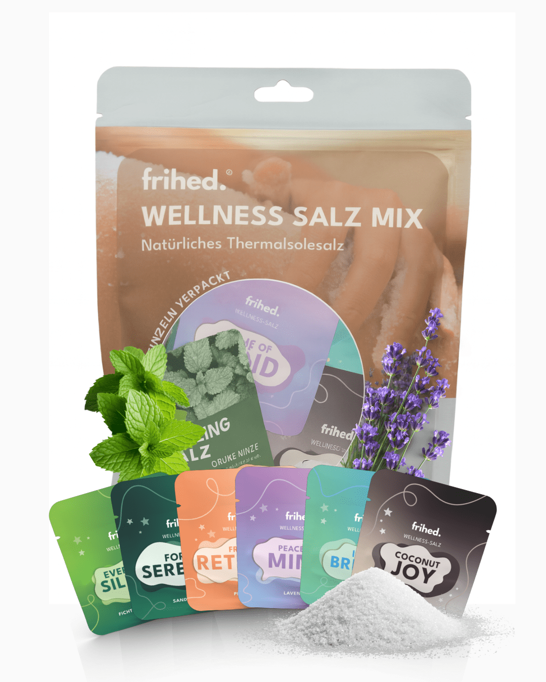 Saunasalz Peeling Probierset: sechs Portionen Peelingsalz in Einzeltüten