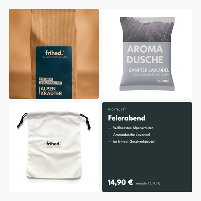 Wichtel Set Feierabend: Wellnesstee Alpenkräuter und Aromadusche Lavendel im Geschenkbeutel