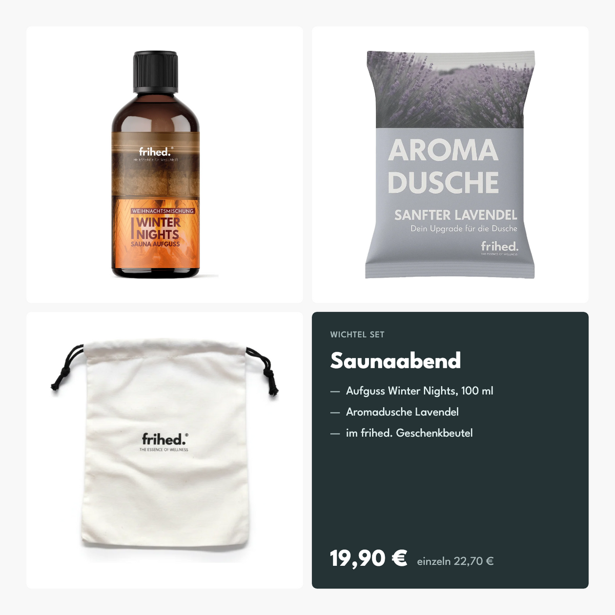 Pakkelegsgave Saunaaften: saunaduft Winter Nights og aromabrus lavendel i gavepose