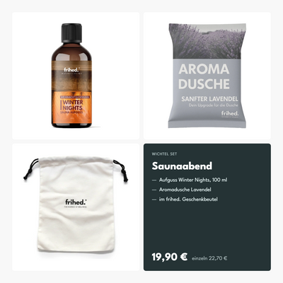 Pakkelegsgave Saunaaften: saunaduft Winter Nights og aromabrus lavendel i gavepose