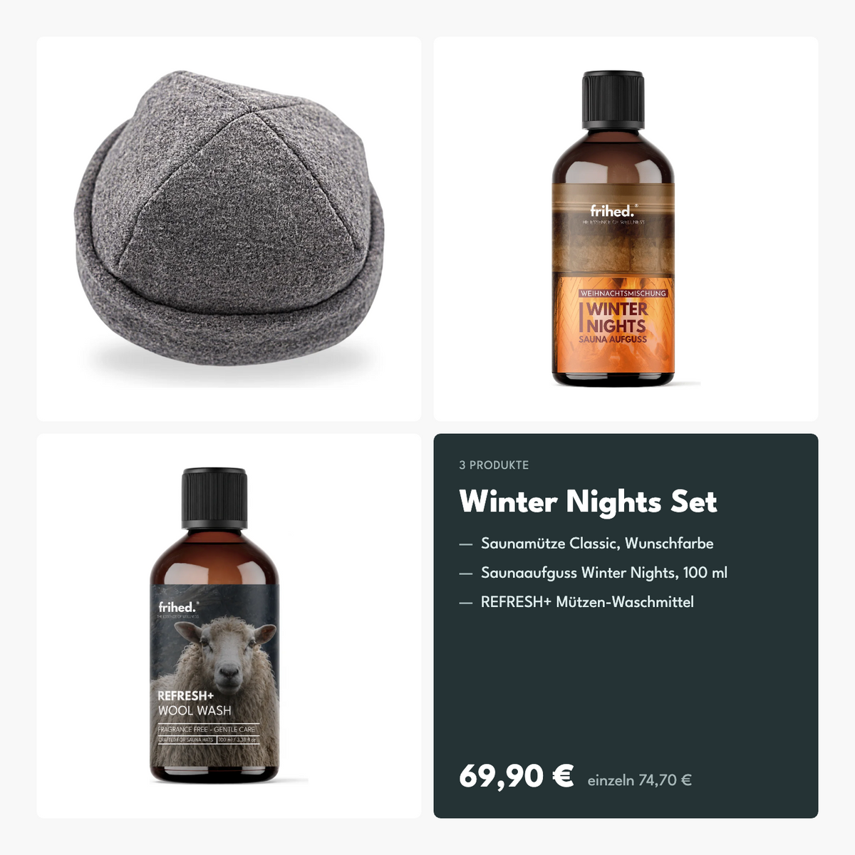 Saunamützen Geschenkset Winter Nights: Saunamütze, Aufguss Winter Nights und REFRESH+ Waschmittel