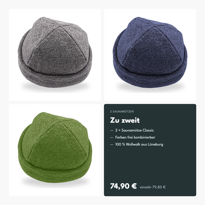 Saunamützen Doppelpack Zu zweit: zwei Saunamützen aus Wollwalk